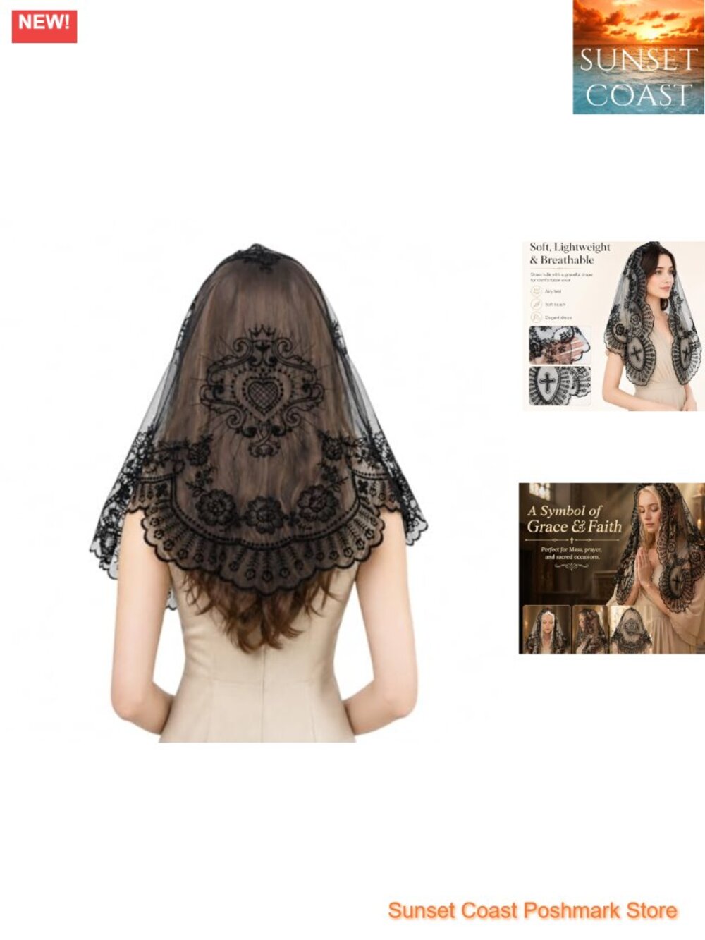 Embroidered Lace Triangle Church Veil Scarf Mantilla with Hairpins